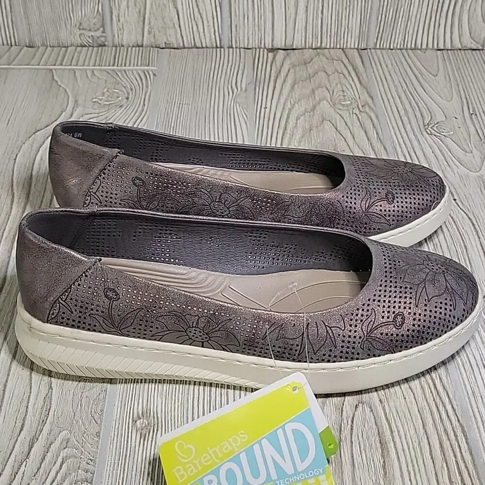 Baretraps Nadra Floral Pewter Slip On Flats Womens Size 6 Wide NEW